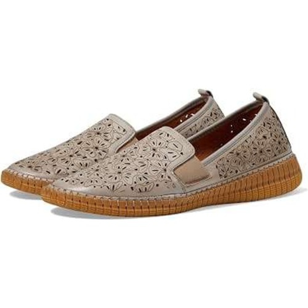 L'Artiste Spring Step Grey Loafers; Laser Cut Floral Leather Slip On Flats